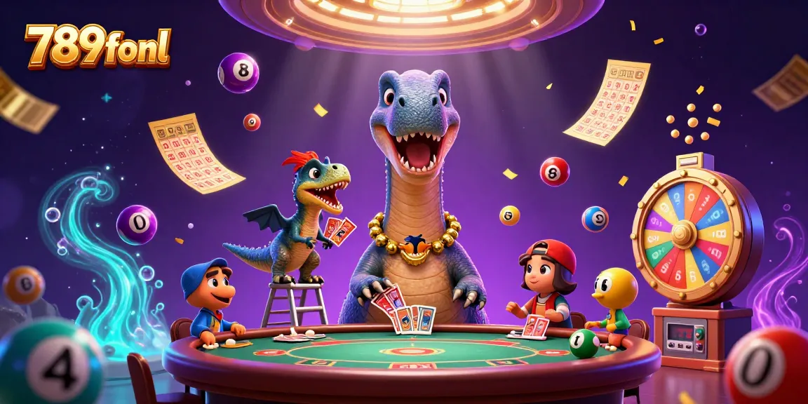 Experience thrilling gameplay with 789fonl's immersive casino scene featuring a brontosaurus and dynamic lottery elements.