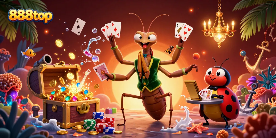 Experience the thrill of 888top with a dynamic casino scene featuring unique characters and vibrant gambling elements.