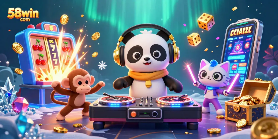 Experience the excitement of 58win com with a vibrant 3D casino scene featuring a DJ panda and playful characters.
