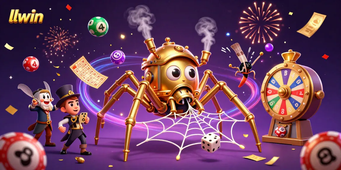 Bet on llwin's thrilling games with a dynamic scene of a golden spider and lottery balls in an epic casino setting.