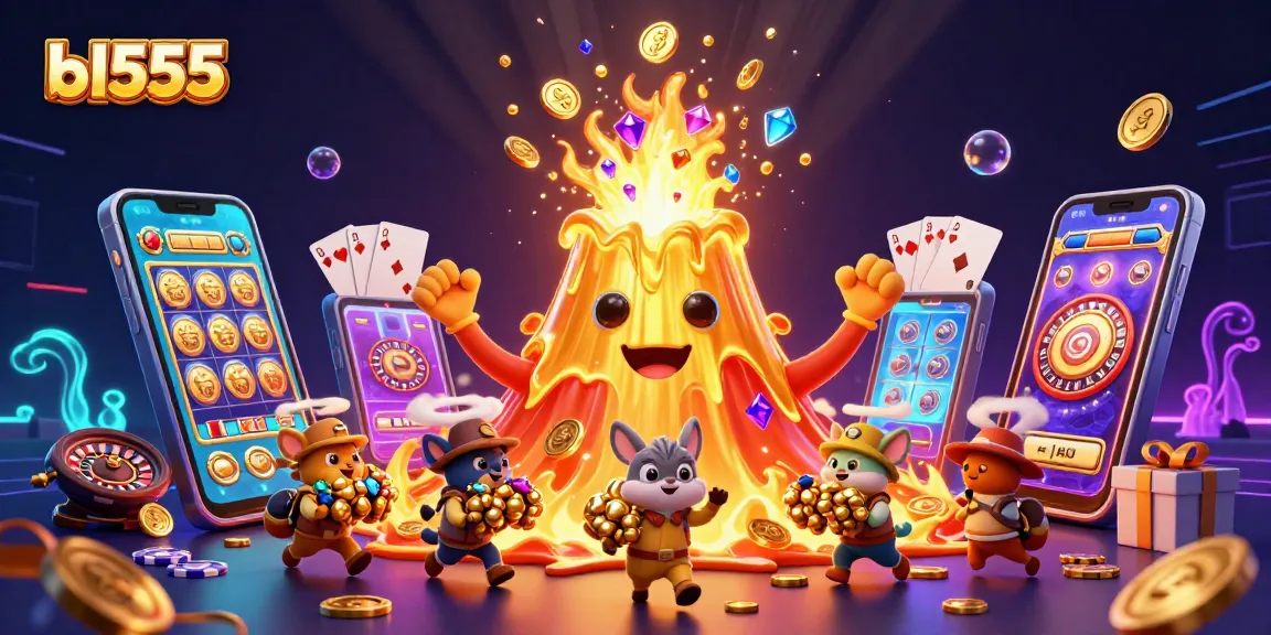 Experience thrilling wins with bl555's dynamic casino illustration featuring vibrant games and treasures.