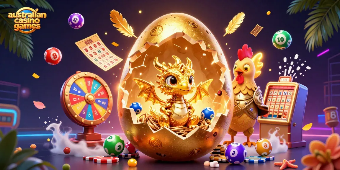 Engage with australian casino games in this vivid 3D scene featuring a golden dragon, poker chips, and dynamic lottery elements.