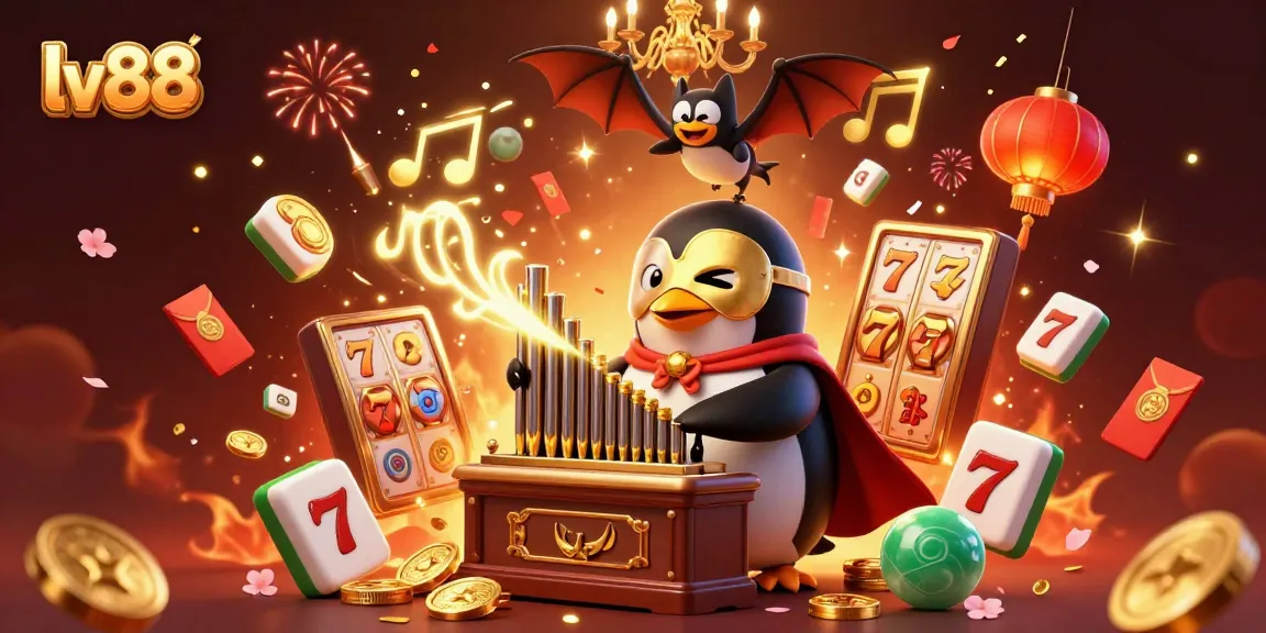 Experience winning moments at lv88 with a playful scene featuring a whimsical penguin and exciting casino elements.