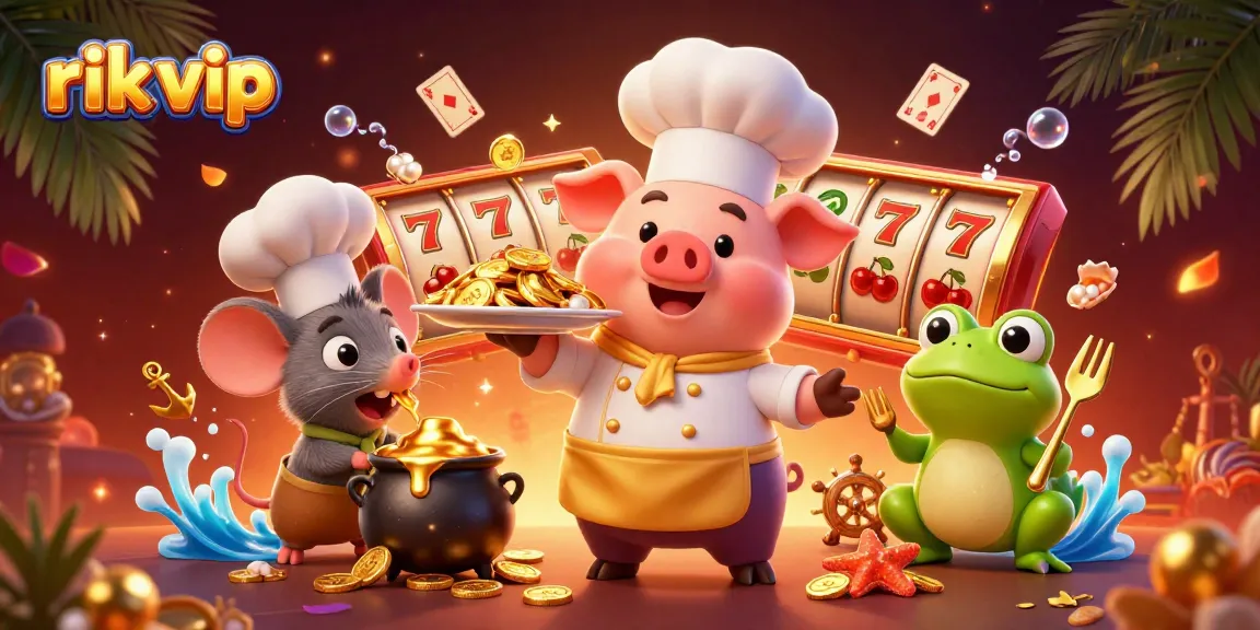 Experience excitement with rik vip in this vibrant 3D casino-themed illustration showcasing entertaining characters amidst gold coins and slot elements.