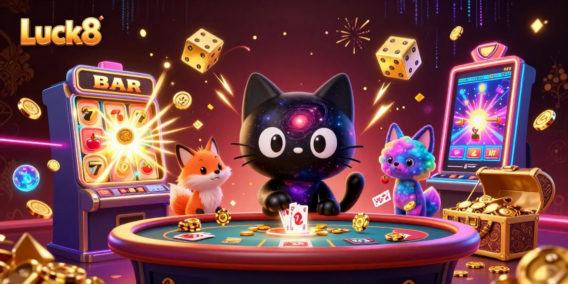 Luck8 cat magnetically enjoys casino gaming, surrounded by vibrant jackpots and rich visuals.
