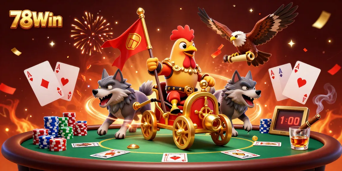 Join the action at 78Win with a vibrant scene of a rooster warlord leading a poker battle!
