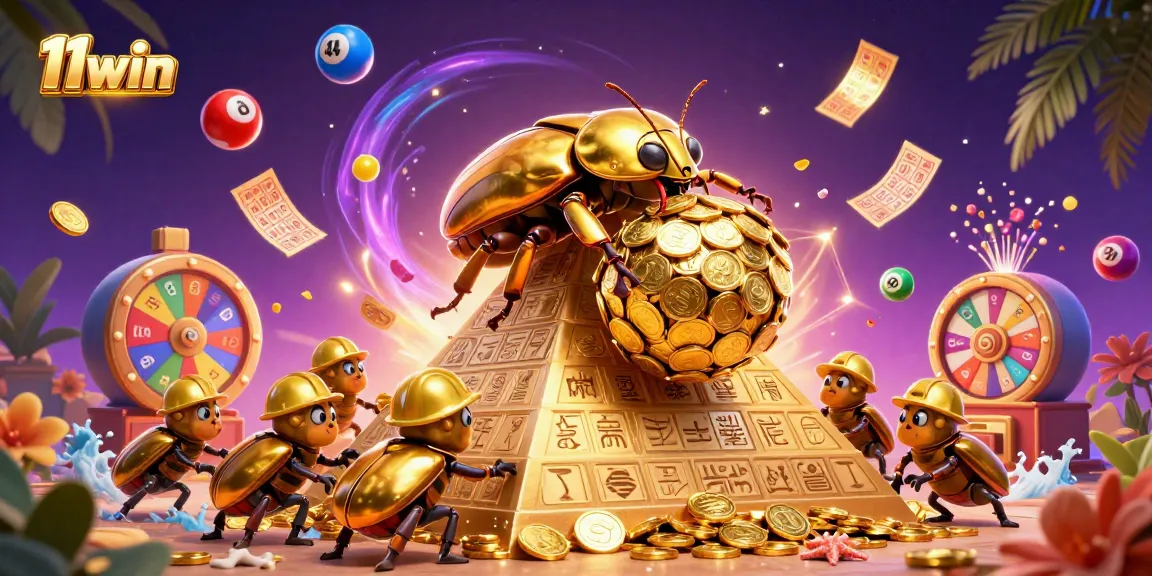 Engage with 11win's thrilling casino action visual featuring a golden beetle rolling coins.