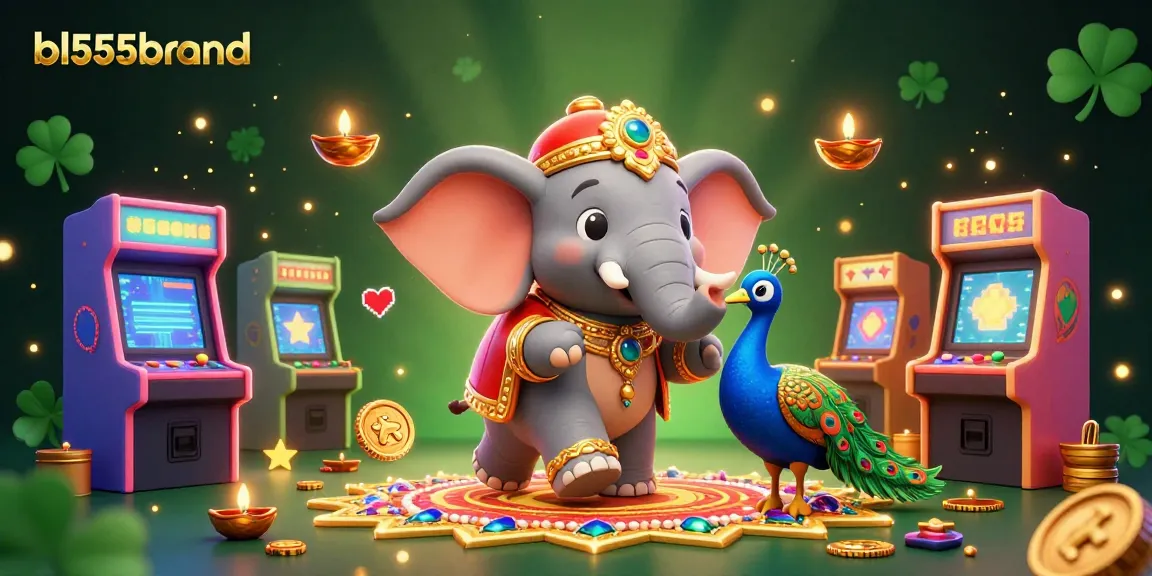 Engage with the excitement of bl555brand's online gambling scene featuring a festive elephant and vibrant game elements.