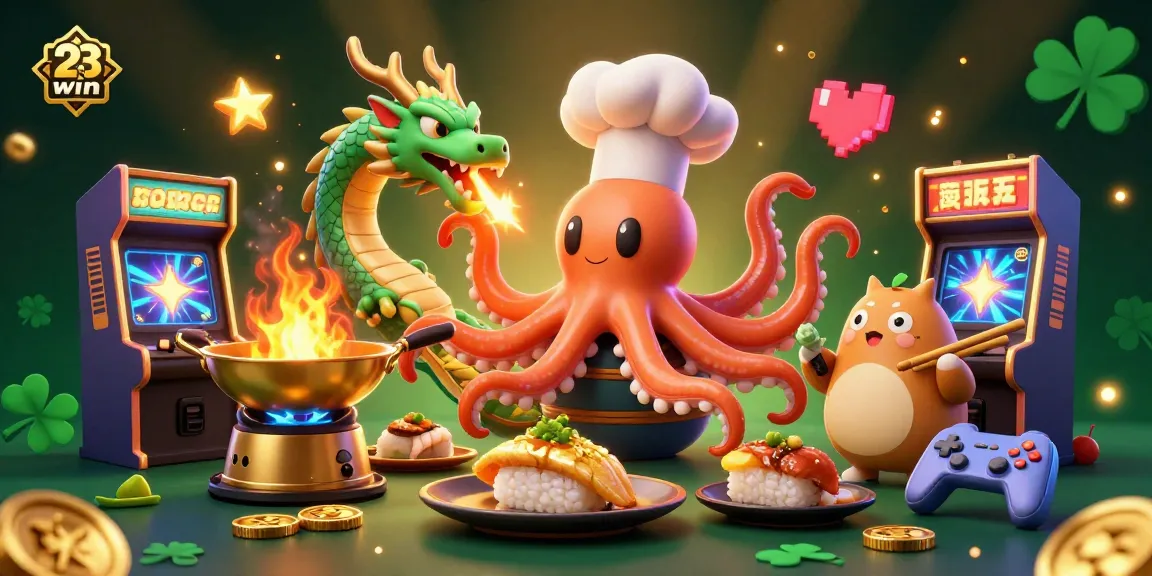 Experience the vibrant world of 23win with a dynamic illustration showcasing a sushi chef octopus and gaming elements.