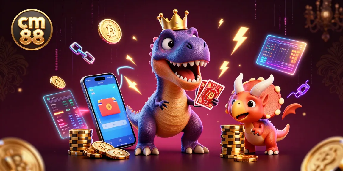 Engage with cm 88's vibrant 3D casino scene featuring colorful characters and crypto elements.