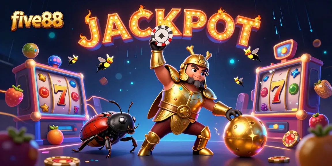 Engage in vibrant slot action with five88, featuring a heroic beetle lifting a poker chip amidst joyful gaming elements.