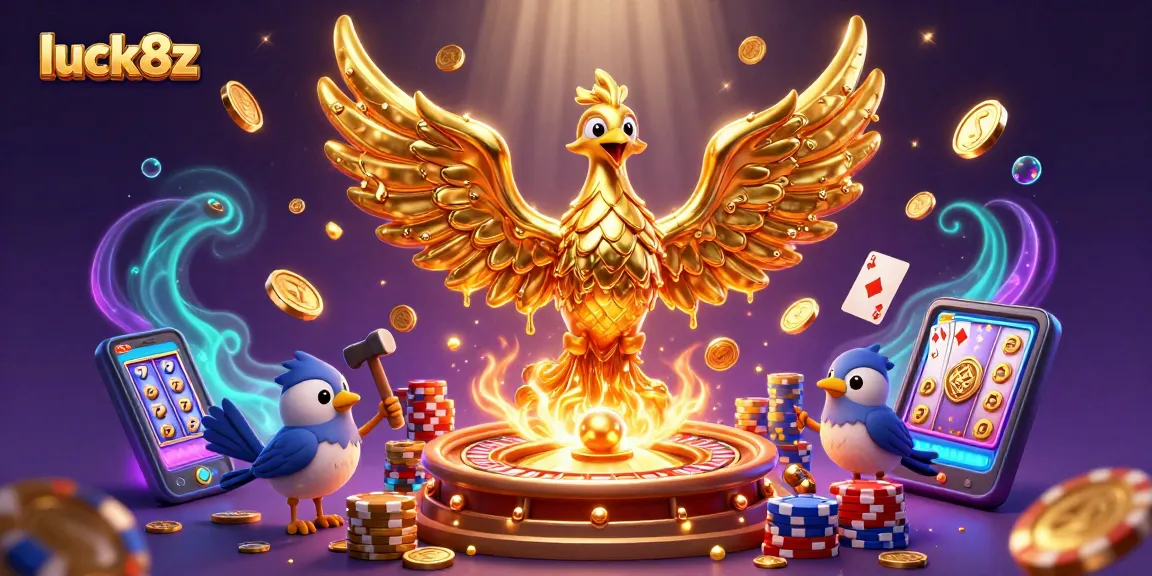 Engage with luck8z, featuring a dynamic scene of a golden phoenix amidst cascading coins and vibrant casino elements.