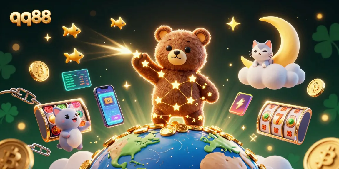 Experience exhilarating gaming with qq88's vibrant casino-themed digital art, showcasing stars and cryptocurrencies.