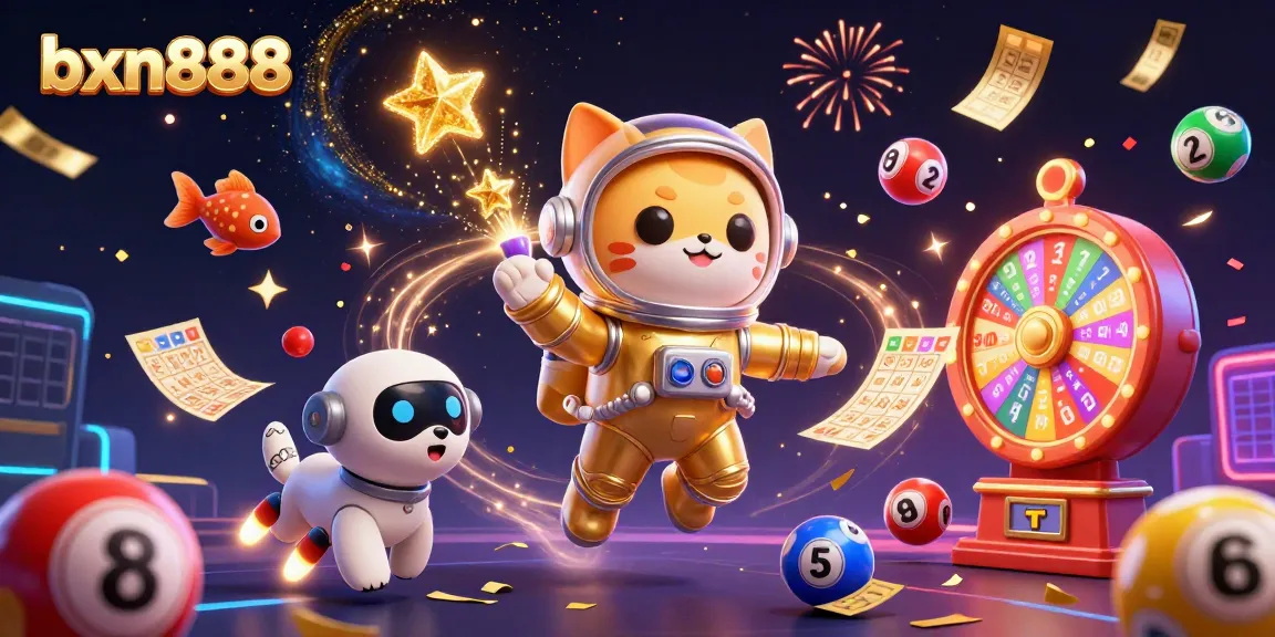 Engage with bxn888's vibrant world of gaming featuring a cartoon astronaut cat and robot dog.