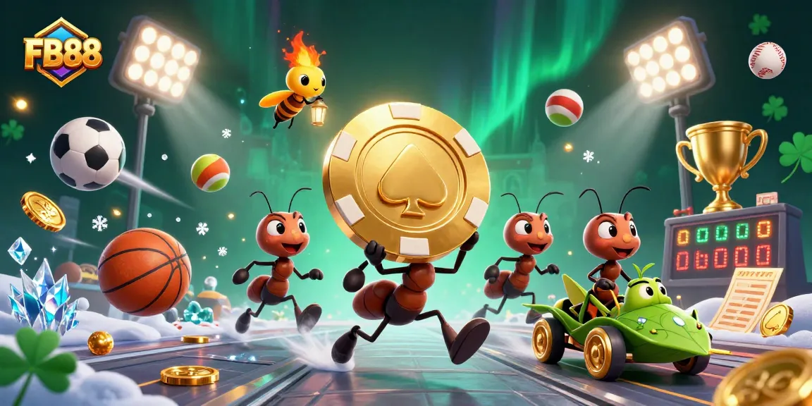FB88 captures the excitement of winning with animated ants carrying a giant poker chip in a dynamic casino scene.