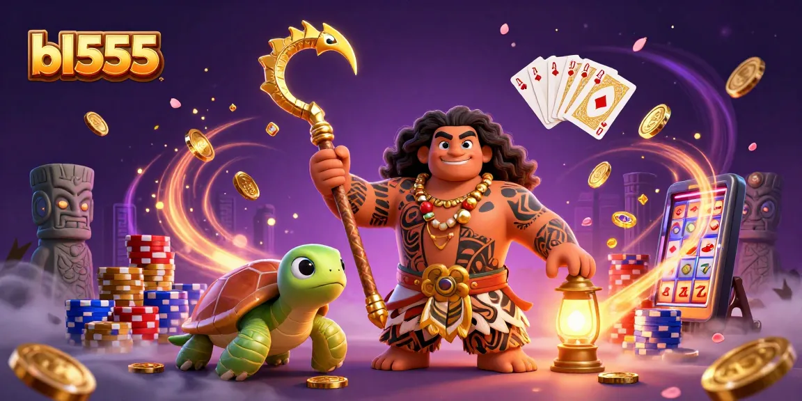 Experience bl555 with a dynamic 3D illustration showcasing thrilling casino elements and characters.