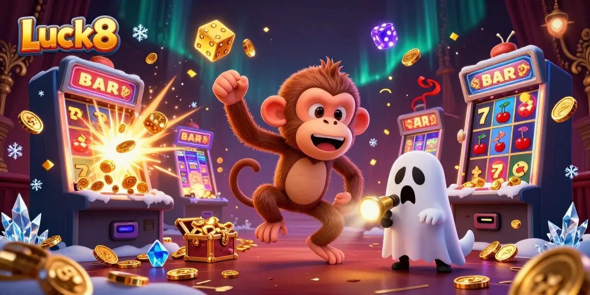 Luck8 offers an exciting casino experience with a playful poltergeist monkey and curious puppy in a vibrant scene.