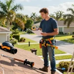 Residential roofer performing a thorough inspection at https://avatarroofing.com/residential-roofing-tampa/ amidst Tampa's sunny neighborhood, showcasing quality service.