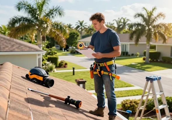 Residential roofer performing a thorough inspection at https://avatarroofing.com/residential-roofing-tampa/ amidst Tampa's sunny neighborhood, showcasing quality service.