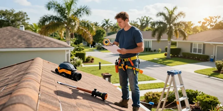 Residential roofer performing a thorough inspection at https://avatarroofing.com/residential-roofing-tampa/ amidst Tampa's sunny neighborhood, showcasing quality service.