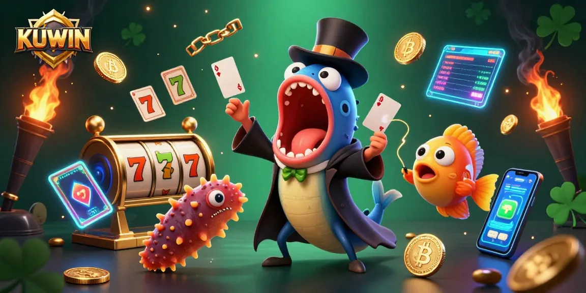 KUWIN's dynamic casino illustration featuring an eel magician and anglerfish spotlighting thrilling jackpot excitement.