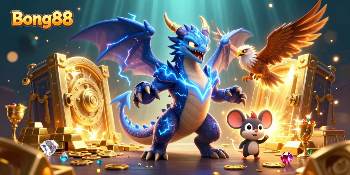 Bong88 showcases thrilling casino adventures with stunning characters and a treasure-filled scene.