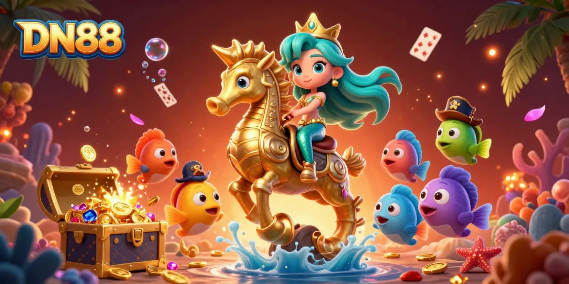 Play thrilling games at DN88 with a vibrant underwater scene featuring a mermaid princess surrounded by treasures and action.