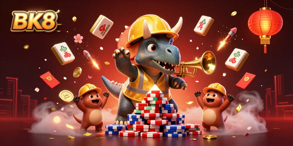 BK8 triceratops stacks poker chips in celebration with festive gaming elements.