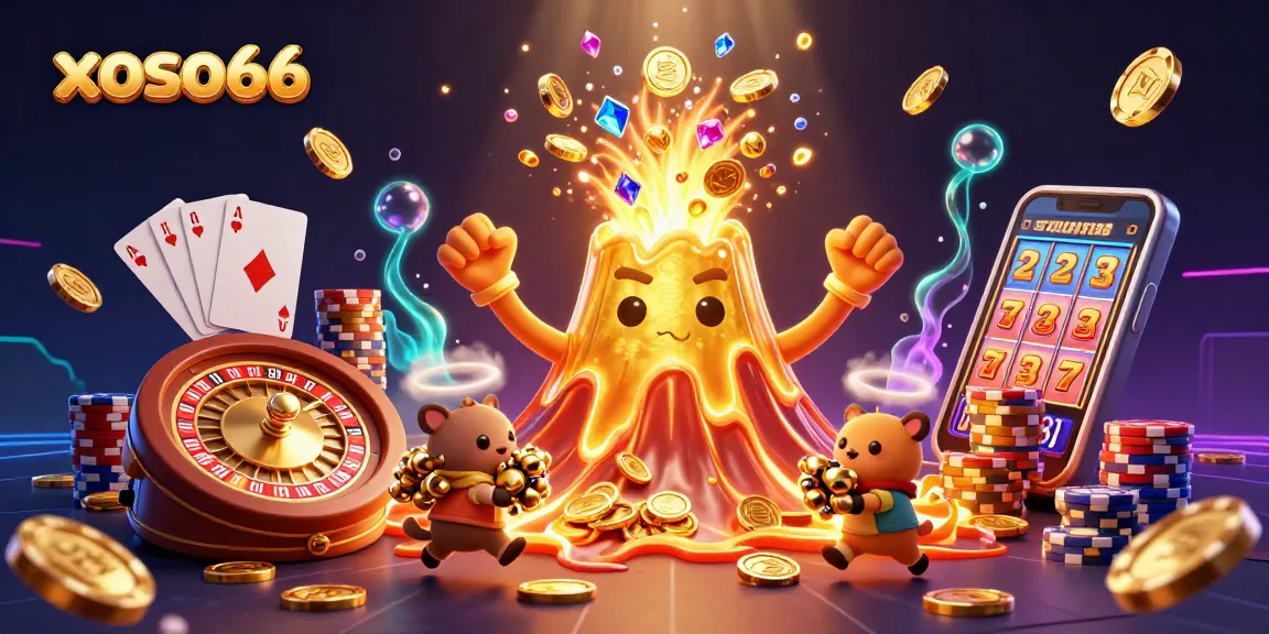 Win exciting treasures at xoso66, featuring a vibrant scene with golden volcano, treasure, and casino elements.