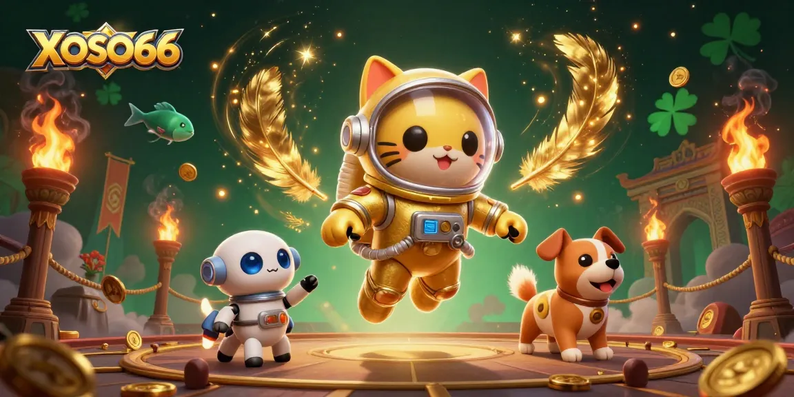 XOSO66 showcases an exciting gaming scene with a cat astronaut exploring a cosmic casino environment through stellar visuals.
