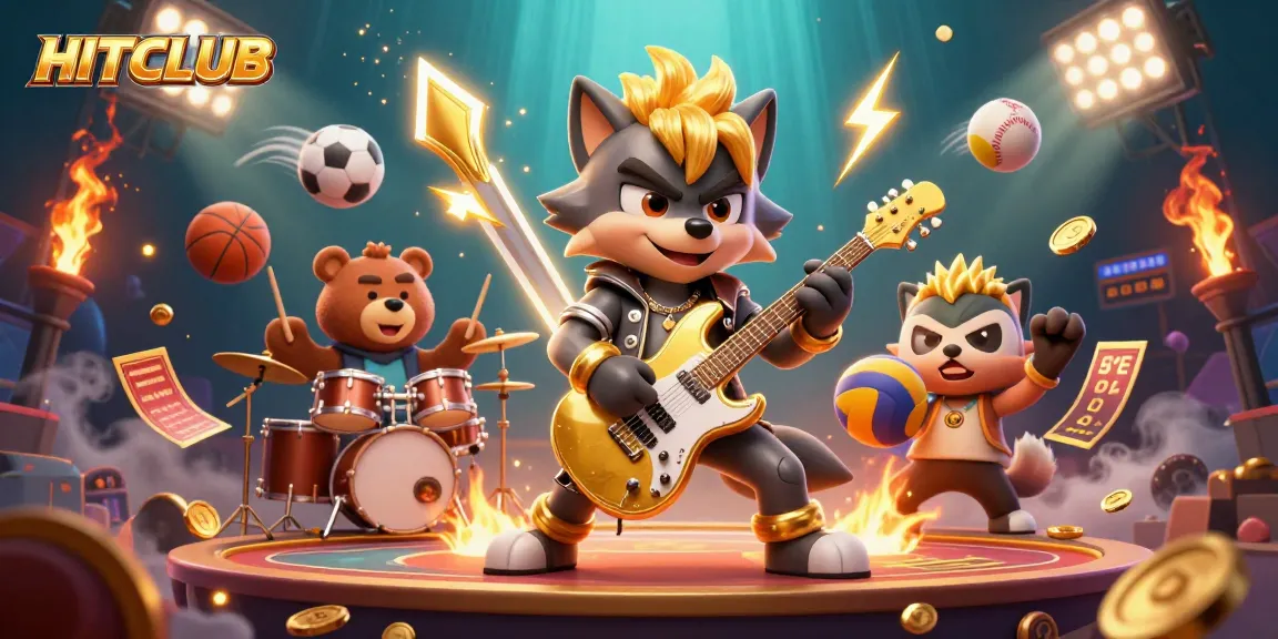 Engage with HITCLUB's action-packed casino scene featuring dynamic gaming elements and vibrant characters.