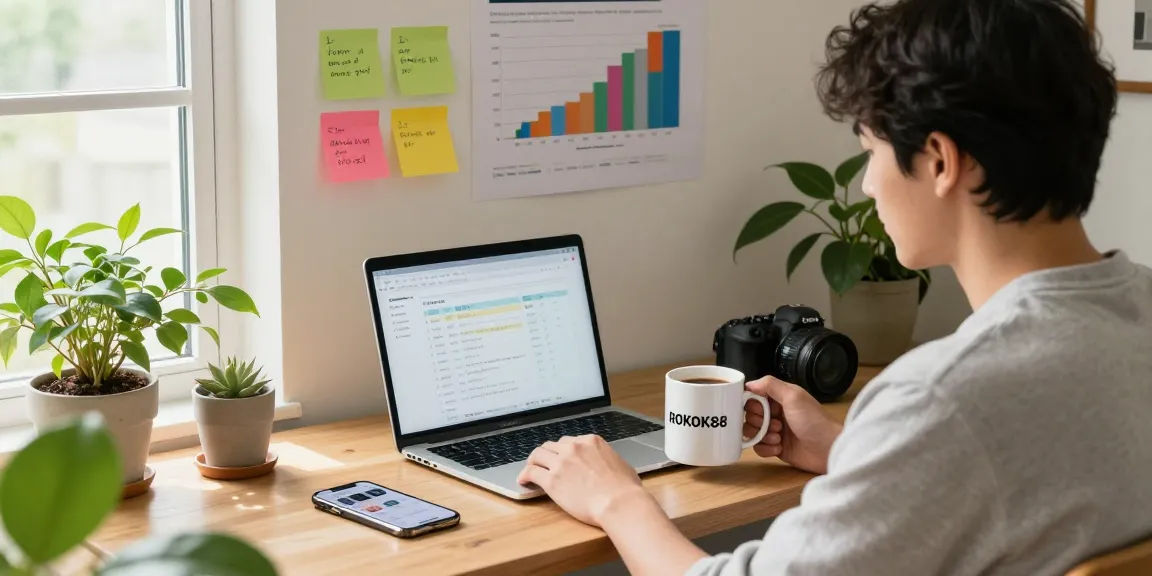 Digital marketer analyzing SEO trends with data charts and rokok88 coffee mug in cozy workspace.