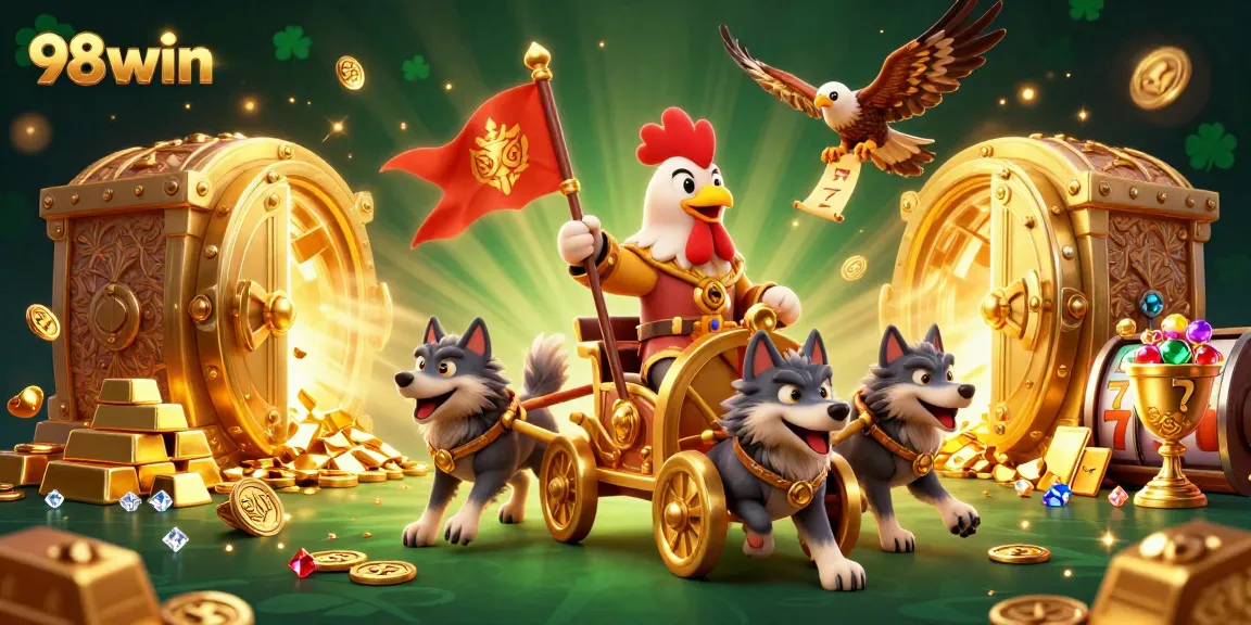 Engage in exciting slot action with 98win's vibrant casino adventure featuring a rooster warlord.