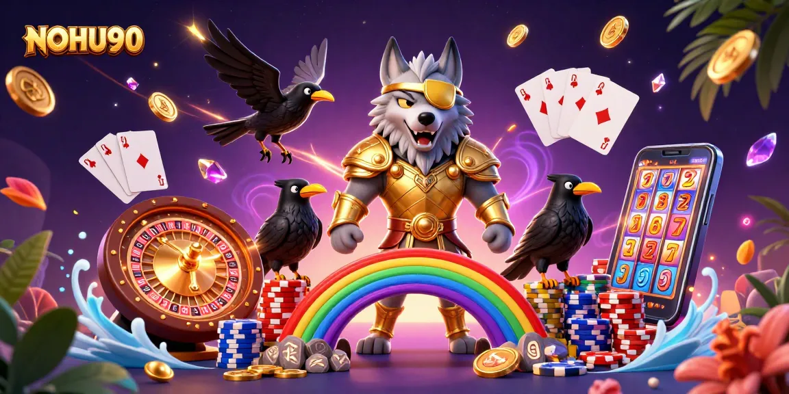Experience thrilling slots at NOHU90 with a vibrant 3D casino scene featuring Odin and ravens.