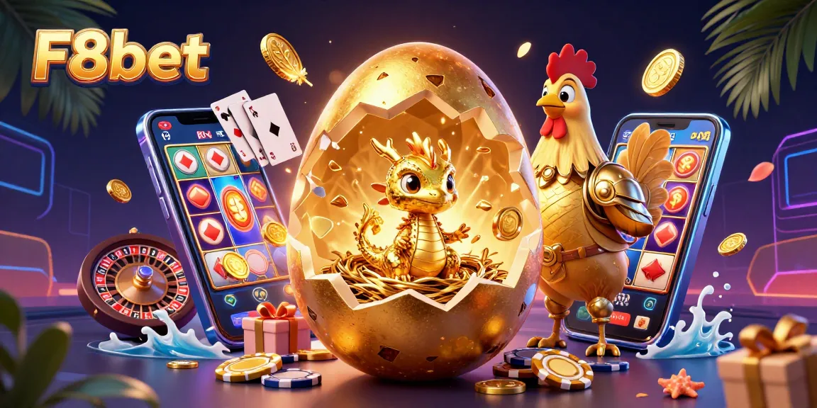 Engage with F8bet as a golden dragon emerges from a poker chip nest amidst vibrant gaming elements.