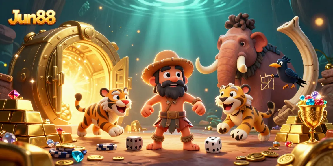 Join the thrilling gameplay at Jun88 with lively characters in a vibrant casino scene full of treasures.