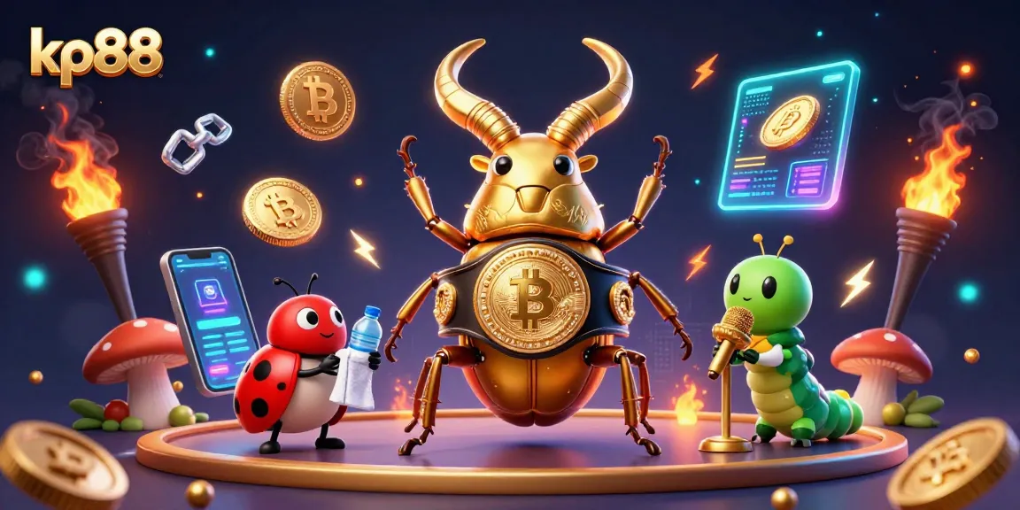 Betting action at kp88 captured in a vibrant 3D scene with cartoon characters and cryptocurrency elements.