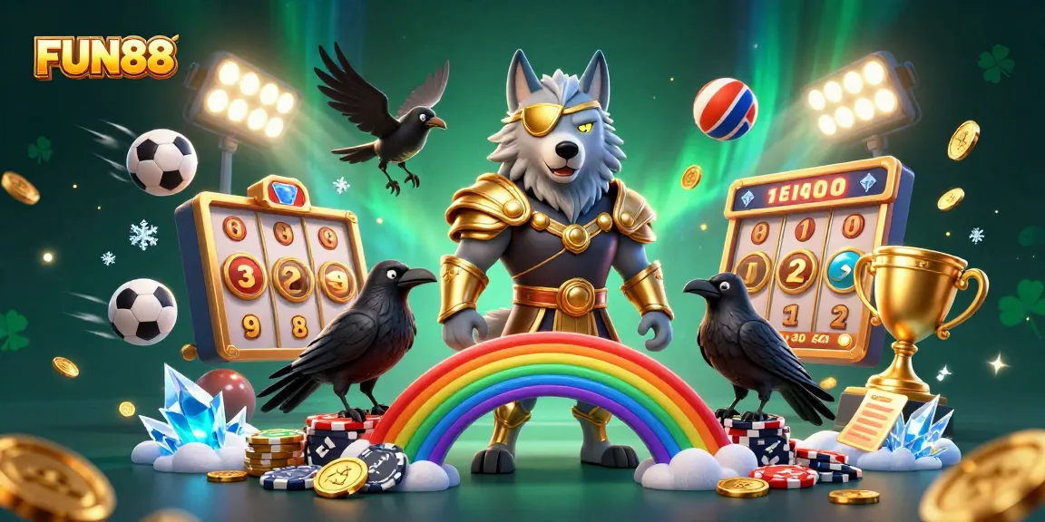 Engage with FUN88 in this vibrant casino scene featuring Odin and ravens amidst dynamic gambling elements.