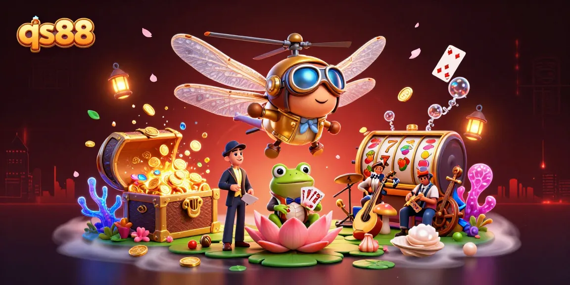 Experience thrilling gaming at qs88 with a vivid dragonfly pilot and a frog croupier in a vibrant casino.