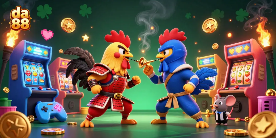 Challenge your luck at da 88 with fighting roosters, vibrant casino elements, and arcade excitement.