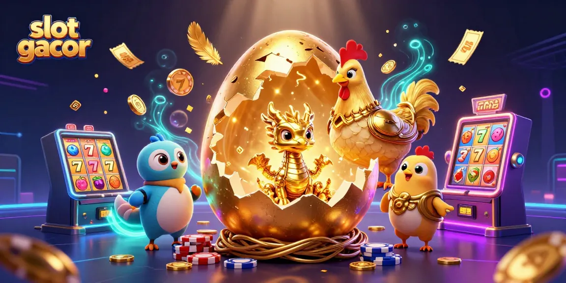 Engage with slot gacor, featuring golden dragon amidst vibrant casino elements like slot reels and money rain.