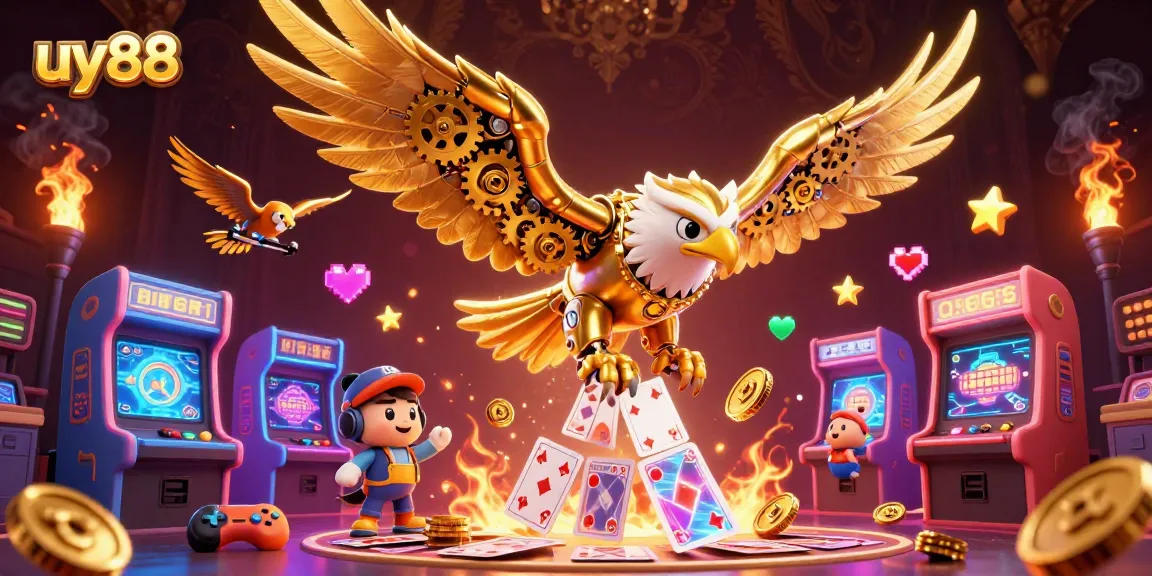 Experience the exciting games at uy88 with a dynamic 3D golden eagle and casino elements.